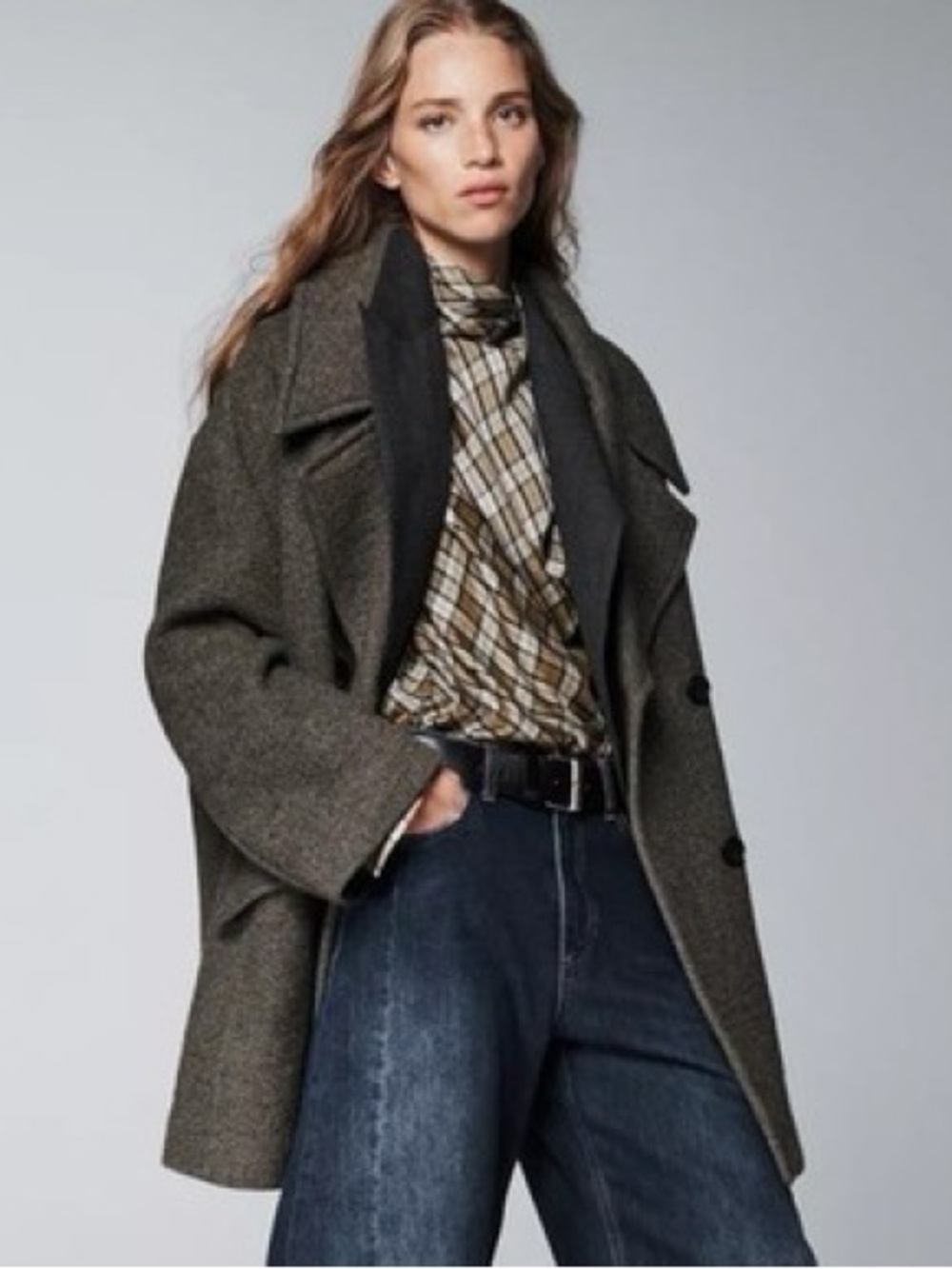 Zara Oversized Brown Herringbone Wool Blend Double Breasted Coat Sz S